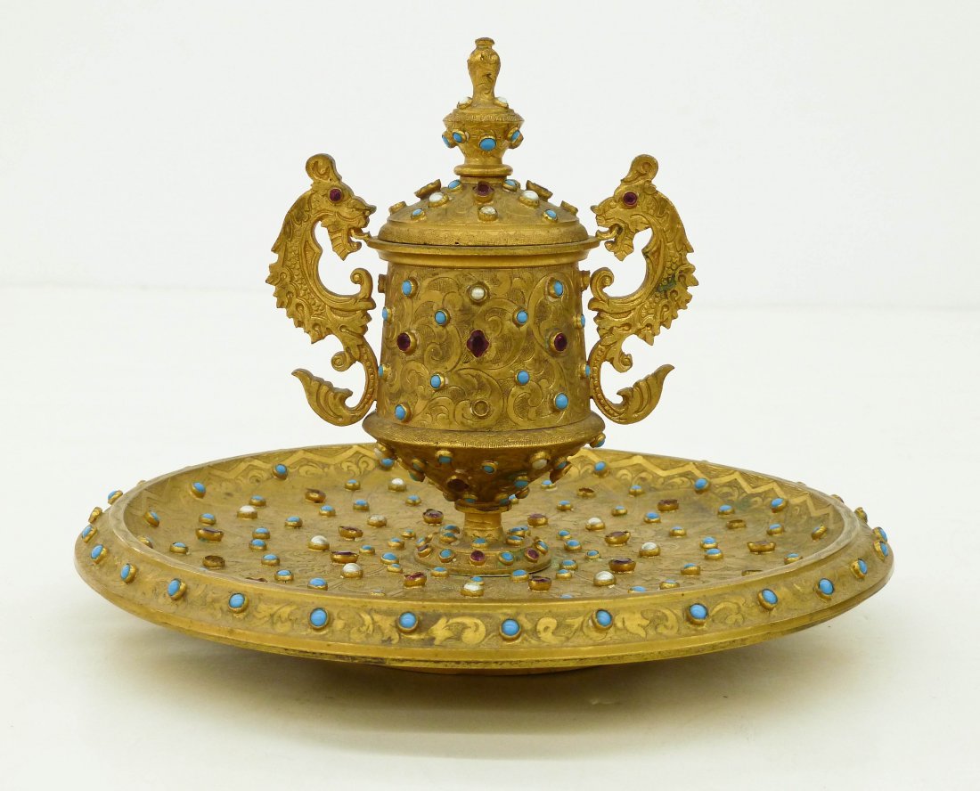 Antique Indian Gilt Jeweled Inkwell 5''x7''. Ornately (1 of 4)