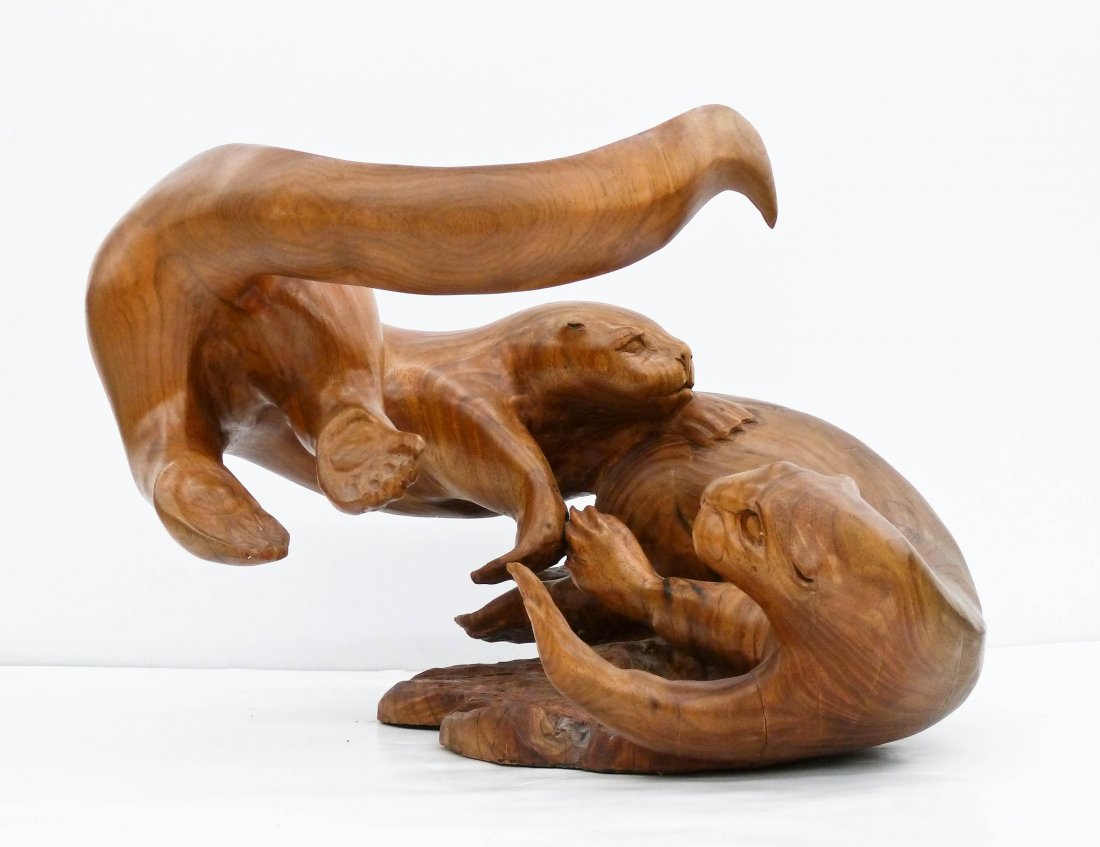 Sea Otters Carved Wood Sculpture 13''x18''. Playful (1 of 3)