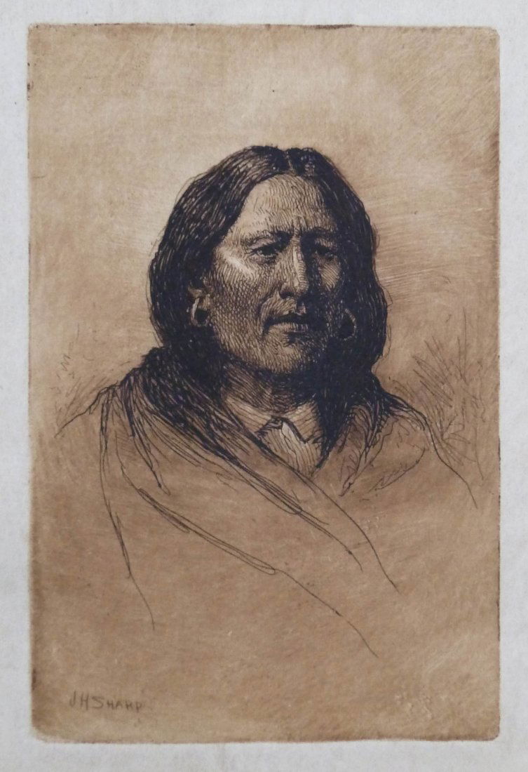 Joseph Henry Sharp (1859-1953 California) ''Standing: Joseph Henry Sharp (1859-1953 California) ''Standing Deer'' Indian Portrait Etching on Tissue Paper 4.5''x3'' Impression. Sepia toned etching is plate signed l.l. Total sheet size 8''x6.5''. Tipped in