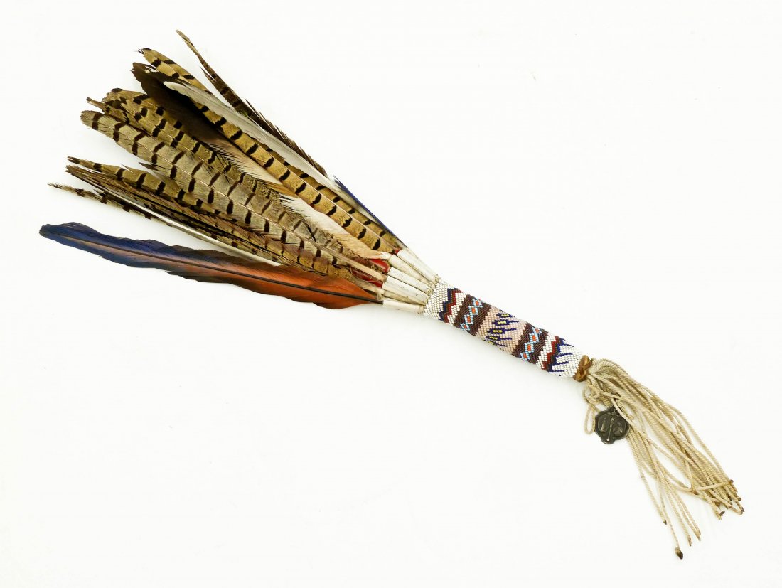 Old Kiowa Plains Beaded Feather Dance Fan 20''x9''. (1 of 1)