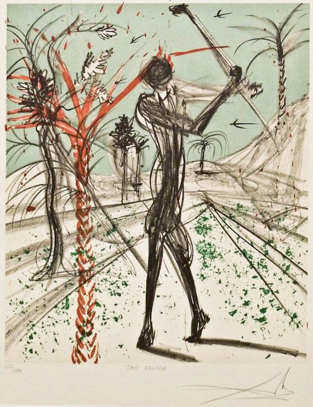 Salvador Dali (1904-1989 Spanish) ''The Golfer'': Salvador Dali (1904-1989 Spanish) ''The Golfer'' Lithograph on Arches 22.5''x18.5'' Sight. A colorful surrealist image from his sports series. Signed, titled and numbered 157 of 199 edition lower marg