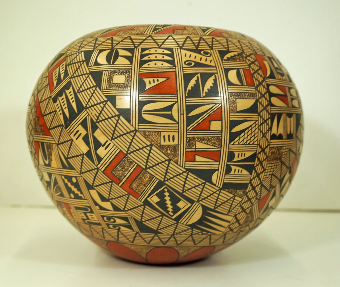 Rondina Huma, Tewa Village, Polacca, Arizona, 8'': Rondina Huma, Tewa Village, Polacca, Arizona, 8'' Tallx9.5'', SW Pottery Pot, Polychrome Painted Hopi Pot in very good condition with some rubbing resulting in light paint loss and some small scratche