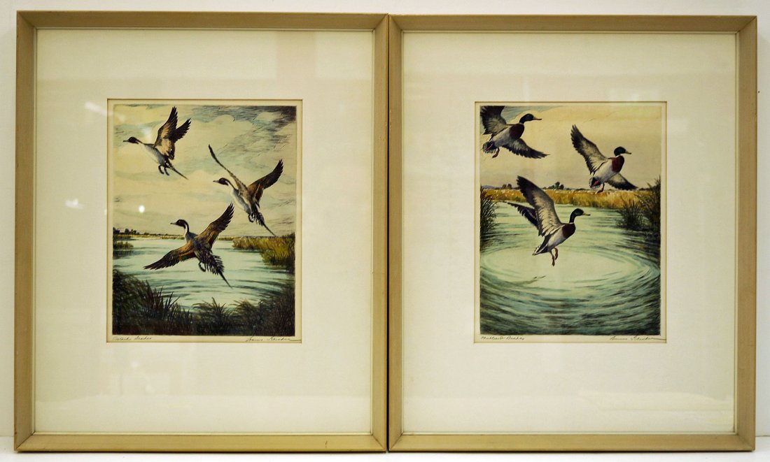 Pair Hans Kleiber (Wyoming 1887-1967) singed colored: Pair Hans Kleiber (Wyoming 1887-1967) singed colored etchings 10.25''x8.25 sight, framed under glass 18.5''x15.5'' overall, very good condition