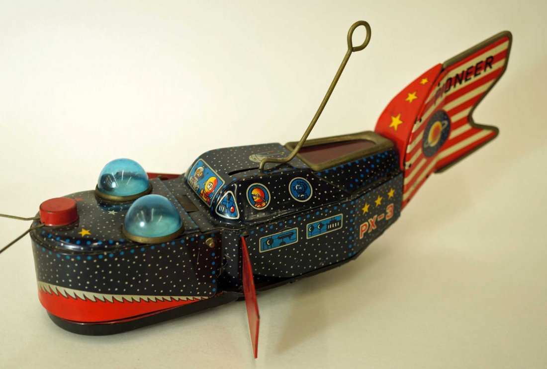 Tin Litho Space Whale Ship W/U Toy by Yoshiya Ko, Circa: Tin Litho Space Whale Ship W/U Toy by Yoshiya Ko, Circa 1950's, Pioneer PX-3 9'' in length in working condition