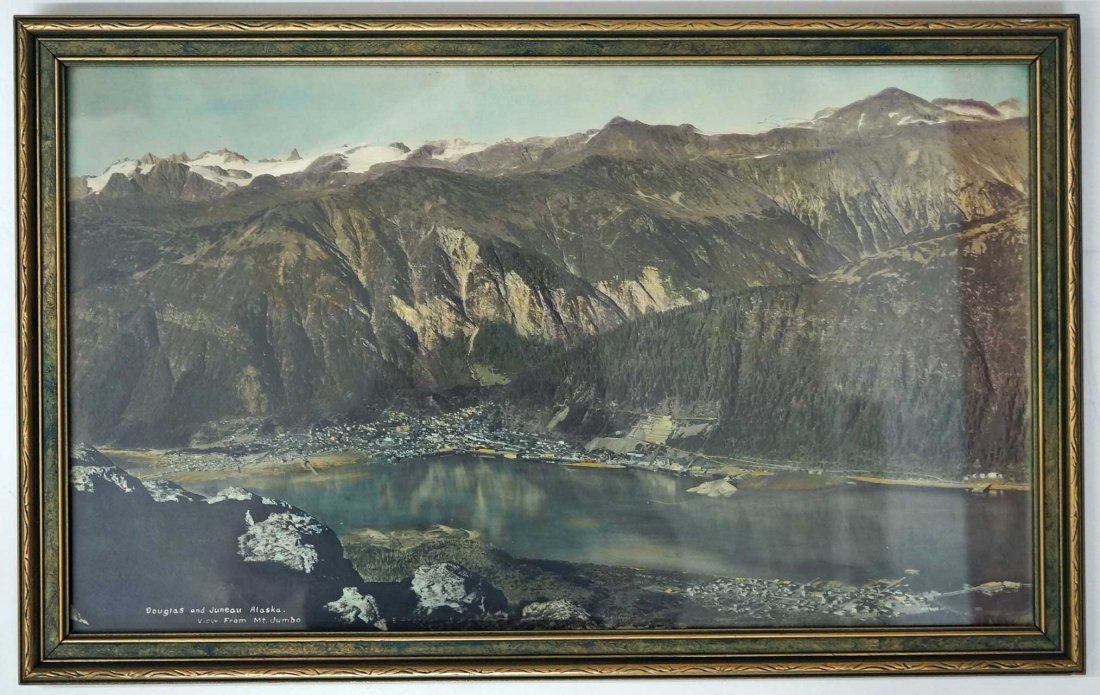 Ed Andrews hand tinted Alaskan photo, 12x20, original: Ed Andrews hand tinted Alaskan photo, 12x20, original frame & backing, Douglas & Juneau, Alaska, view from Mt Jumbo
