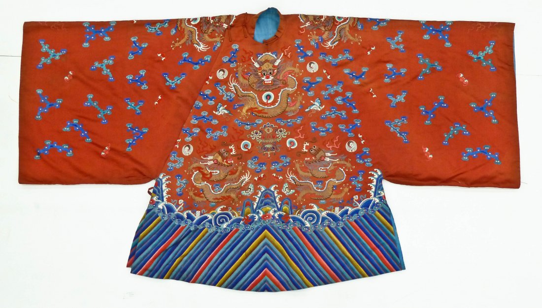 Antique Chinese Silk Embroidered Dragon Robe 38''x66''. (1 of 4)
