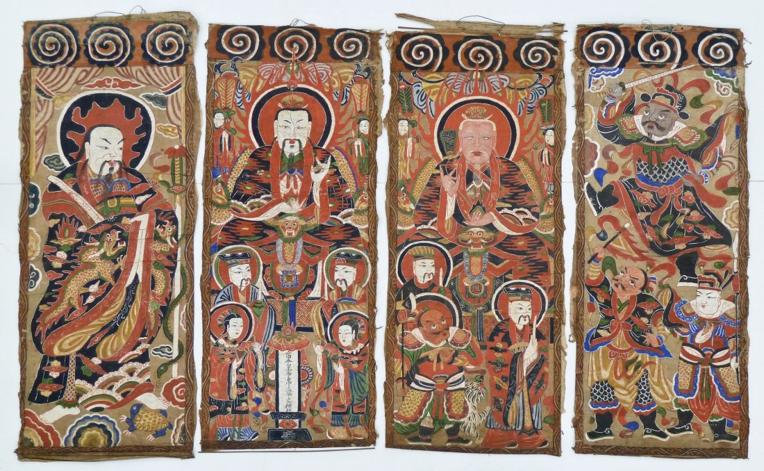 4pc Antique Chinese Deity Polychrome Painted Scrolls (1 of 4)