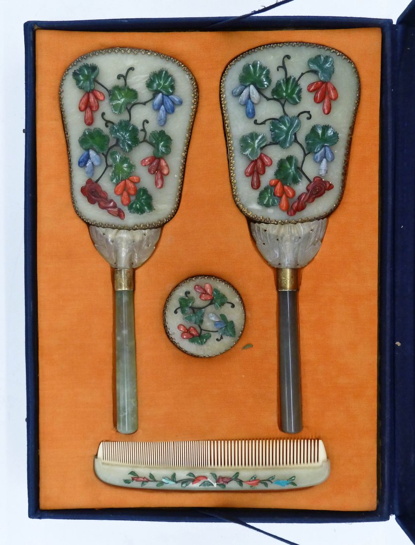 4pc Antique Chinese Jade Dresser Set in Fitted Box. (1 of 2)