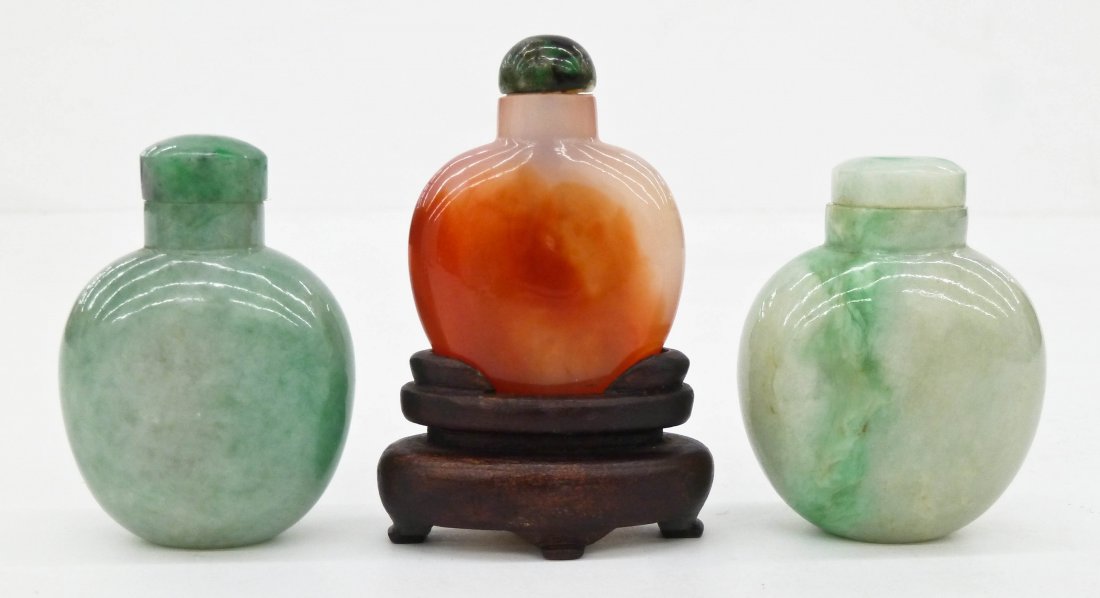 3pc Old Chinese Jade & Carnelian Carved Snuff Bottles. (1 of 2)