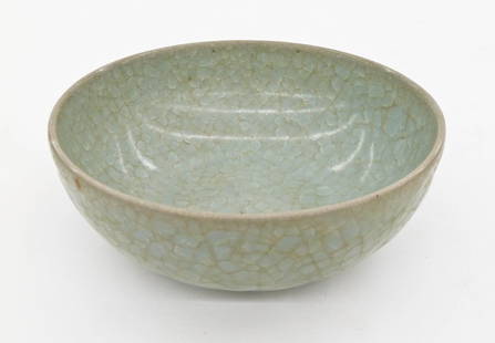 Old Chinese Longquan Ice Crackle Glaze Ceramic Bowl: Old Chinese Longquan Ice Crackle Glaze Ceramic Bowl 3''x8''. Heavy controlled celadon crackle glaze. It bears an old Paris paper label on bottom. Excellent condition. 19th or 20th century, Qing