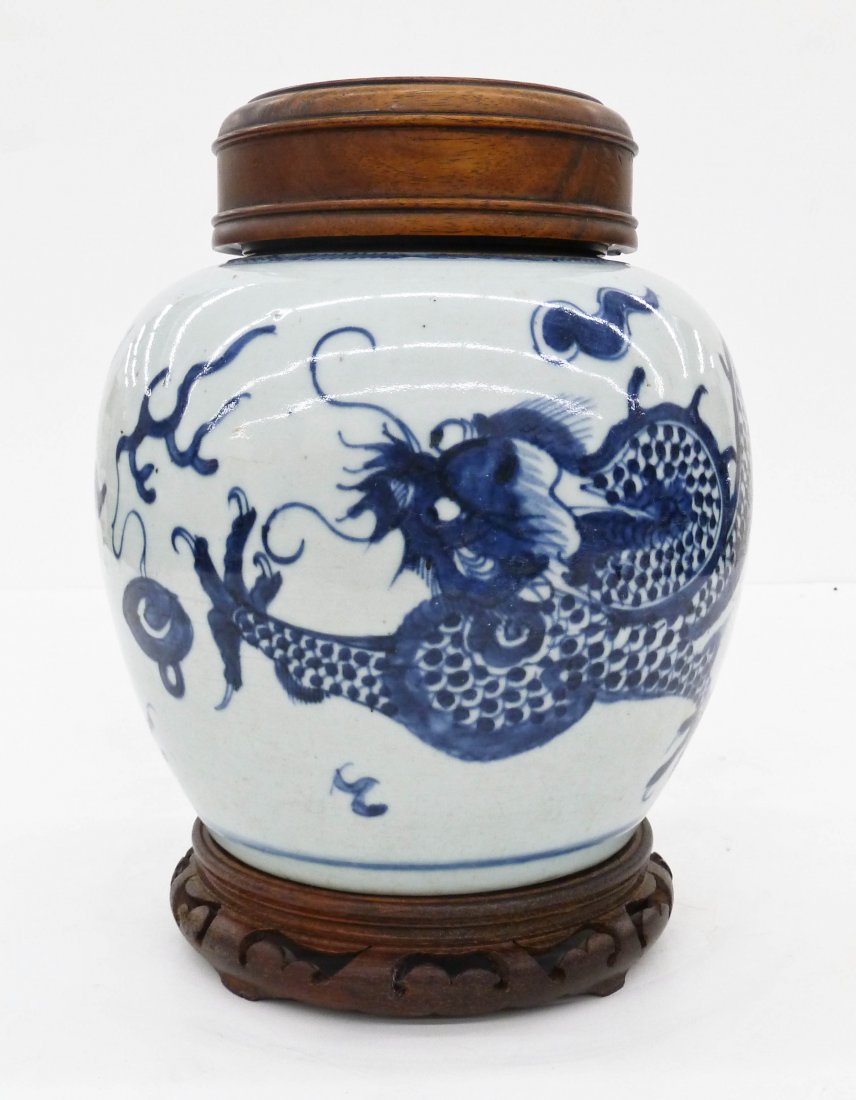Antique Chinese Dragon Blue & White Porcelain Jar on (1 of 3)