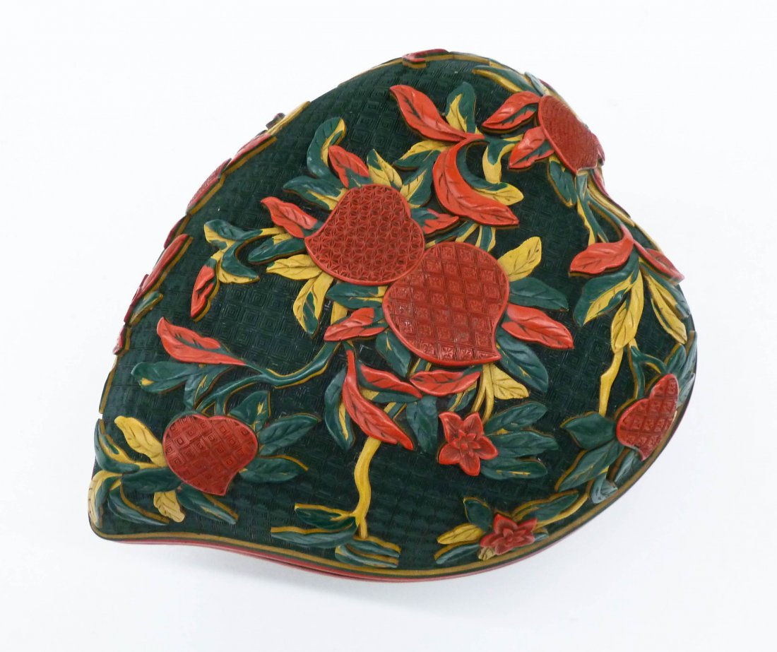 Chinese 3-Color Cinnabar Peach Lacquered Box 7.5''x9''. (1 of 3)