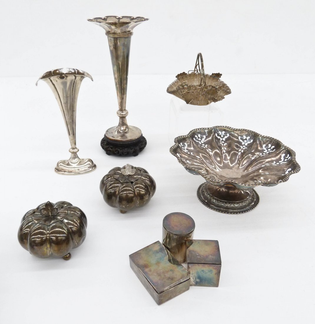 7pc Antique Chinese Silver Vases & Table Articles. (1 of 3)