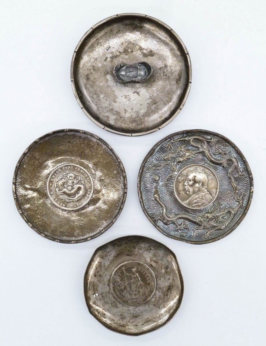 4pc Antique Chinese Silver Dollar Coin Trays 4'' Each (1 of 3)