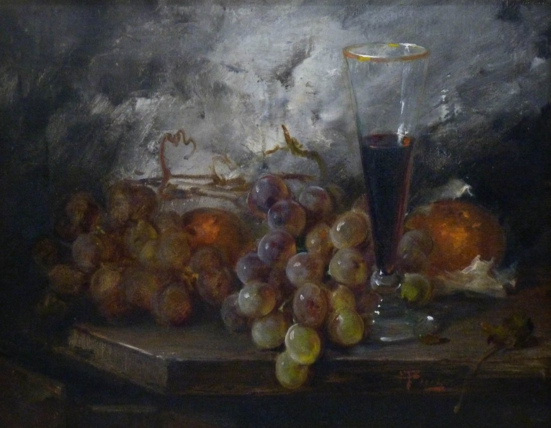 J. Fulti (20th Cent. American) ''Fruit and Wine'' Still: J. Fulti (20th Cent. American) ''Fruit and Wine'' Still Life Oil on Canvas 11''x14'' Image. Signed l.r. with Philip H. Rosenbach Objects d'Art Philadelphia gallery label on verso. Total framed size 17