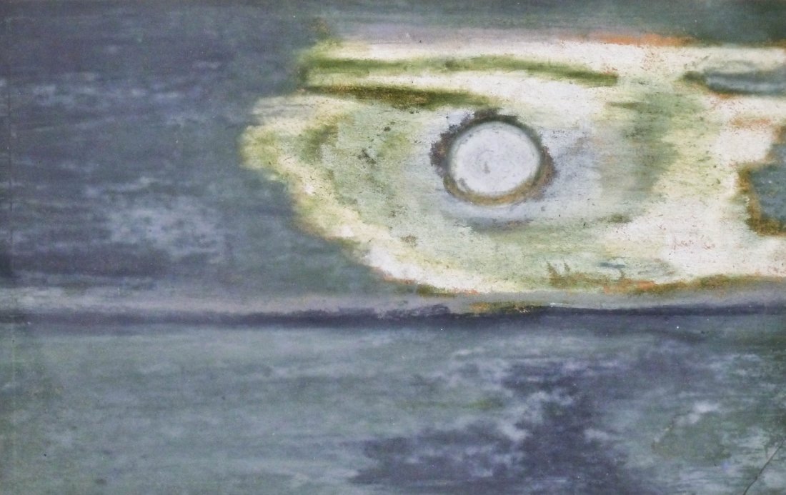 Wesley Wehr (1929-2004 Washington) ''Moon Omen'' 1962: Wesley Wehr (1929-2004 Washington) ''Moon Omen'' 1962 Oil Pastel on Paper 4''x6.5'' Image. Signed and dated l.r. corner with title on verso. Total framed size 8.5''x11''. Small crack lower right corne