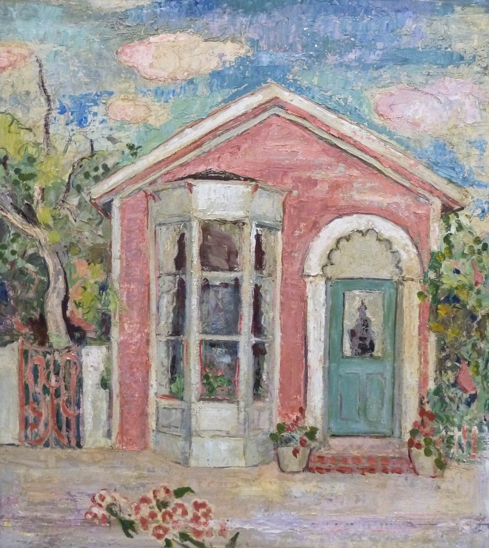 Lucy Dolling Wells (1881-1962 American) Untitled: Lucy Dolling Wells (1881-1962 American) Untitled Homestead Oil on Masonite 18.5''x16.5'' Image. Unsigned work with name plate on frame. Total framed size of 25''x23''. WPA era painting.