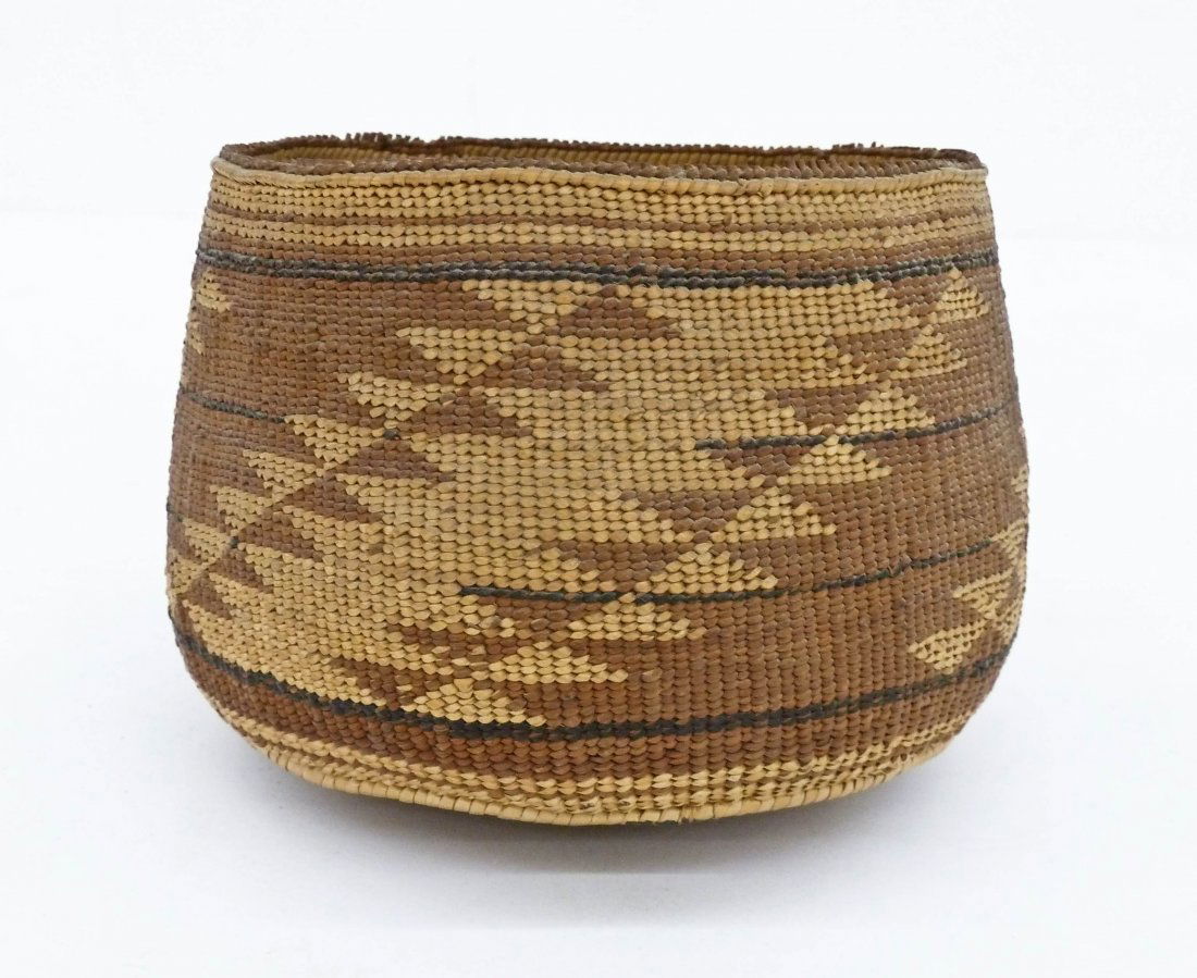 Old Hupa Polychrome Indian Basket 5''x6.5''. Repeating (1 of 3)