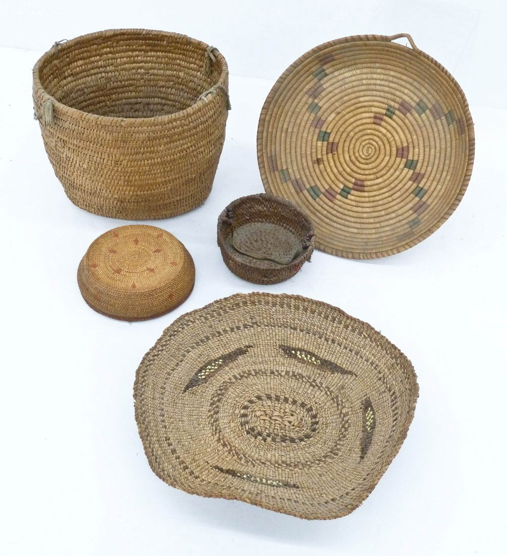 5pc Old Indian Baskets. Includes a coiled burden basket (1 of 2)