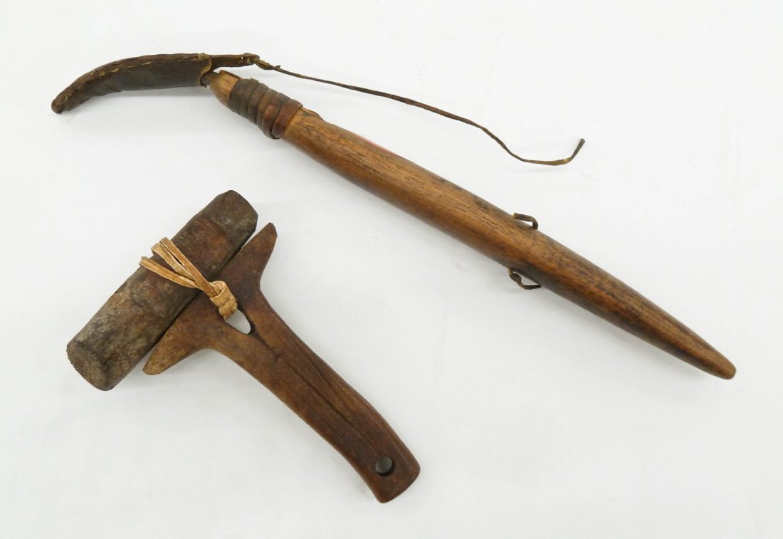 2pc Antique Eskimo Tool Implements. Includes a wood: 2pc Antique Eskimo Tool Implements. Includes a wood handled scraper or knife 9'' with fitted leather sheath. Also small decorated whale bone adz 4''x2.75'' with sinew strap. Late 19th or early 20th ce