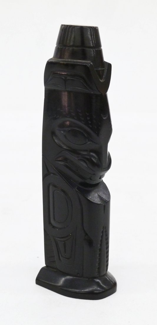 Pat McGuire (1943-1970 Haida) Killer Whale Argillite: Pat McGuire (1943-1970 Haida) Killer Whale Argillite Totem Pole Model 4.75''x1.25''. Signed and dated 1970 on verso. Overall excellent condition. Skidegate, Canada.