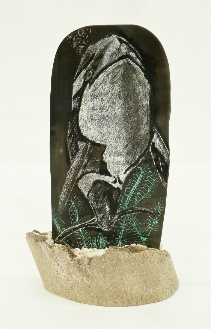 Brian Kulik (b.1976 Inupiaq) Killer Whale Baleen: Brian Kulik (b.1976 Inupiaq) Killer Whale Baleen Sculpture 7''x4.25''. Painted and scrimshawed baleen mounted on whale bone base. Signed on verso. 20th century, Native Alaskan Eskimo made.