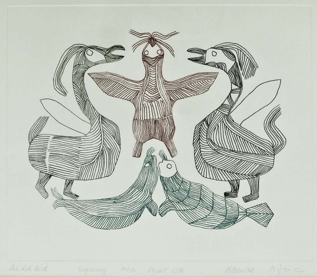 Pitseolak Ashoona (1904-1983 Inuit) ''The Red Bird'': Pitseolak Ashoona (1904-1983 Inuit) ''The Red Bird'' 1976 Engraving 9.75''x11.75'' Impression. Pencil signed, titled and numbered lower margin. Total framed size 15.75''x17.5''. Cape Dorset, Eskimo St