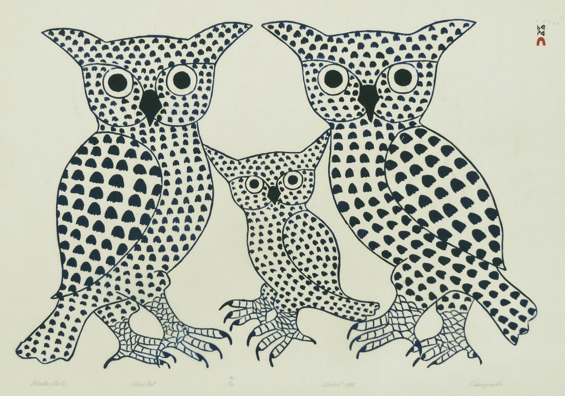 Kenojuak Ashevak (1927-2013 Inuit) "Winter Owls" 1975 S (1 of 2)