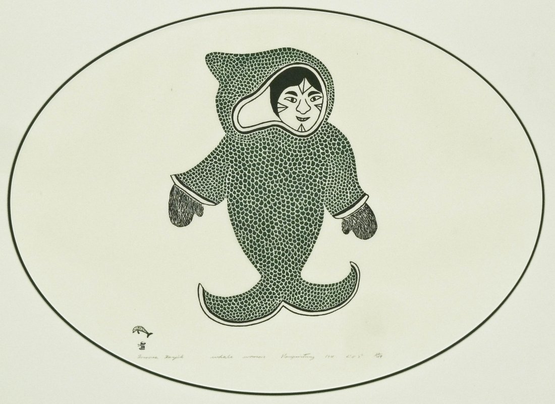 Imoona Karpik (b.1950 Inuit) ''Whale Woman'' 1974: Imoona Karpik (b.1950 Inuit) ''Whale Woman'' 1974 Stonecut Print 21.5''x28.5'' Sight. Pencil signed and numbered 22 of 49 edition. Total framed size 31''x38''. Pangnirtung Eskimo.