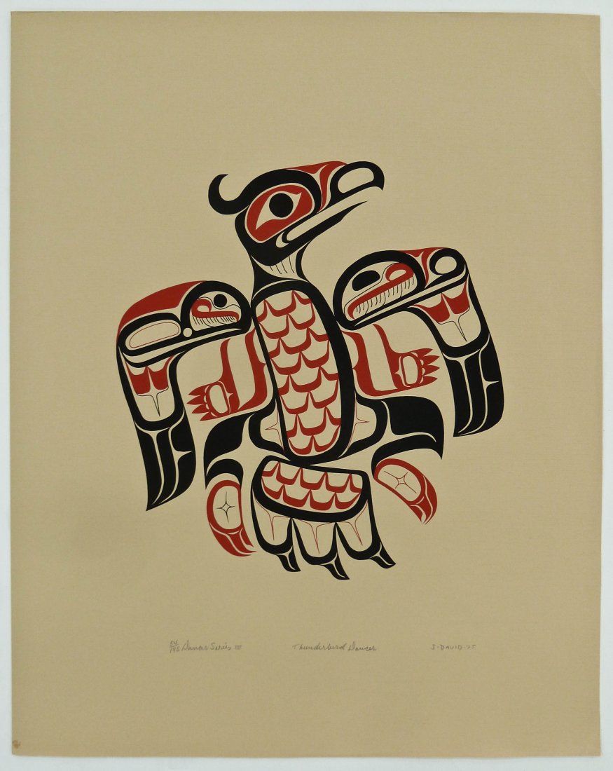 Joe David (b.1946 Nuu-Chah-Nulth) ''Thunderbird: Joe David (b.1946 Nuu-Chah-Nulth) ''Thunderbird Dancer'' 1975 Serigraph 20''x16'' Sheet. Pencil signed and numbered 54 of 195 edition lower margin. Part of his Dancer Series III. Loose, unframed. Nort
