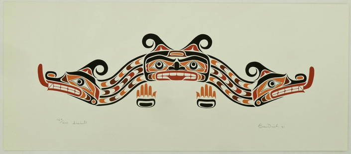 3pc Beau Dick (b.1955 Kwakiutl) Native Serigraphs.: 3pc Beau Dick (b.1955 Kwakiutl) Native Serigraphs. Includes ''Sisiutl'' 1981 edition 189/200 print 11.5''x27'', ''Tanigee'' 1981 edition 174/225 print 14.5''x16.5'', and ''Tanis'' 1981 edition 203/225