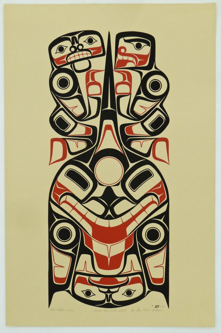 5pc Vintage Northwest Native Large Serigraphs. Includes: 5pc Vintage Northwest Native Large Serigraphs. Includes a Glen Wood (Tsimshian) ''Woman Man & Killer Whale'' 1977 print 89/125 edition 26''x17'', Earl Muldoe (Gitxsan) ''Eagle with Salmon'' 1978 print
