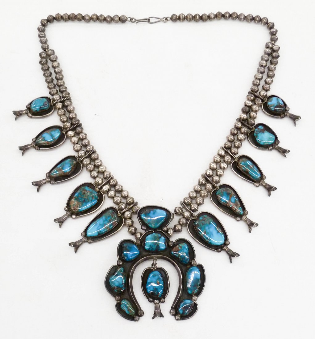 Navajo Silver & Turquoise Squash Blossom 24''. A large (1 of 3)