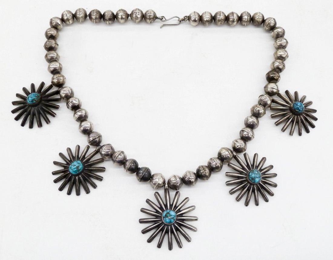 Old Navajo Star Silver & Turquoise Necklace 17''. (1 of 2)