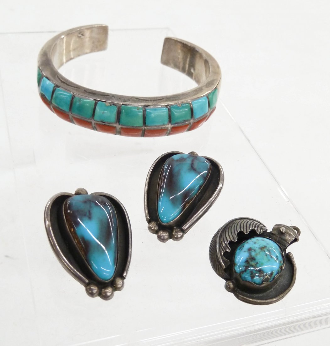 3pc Navajo Silver Jewelry. Includse a pair of turquoise (1 of 2)