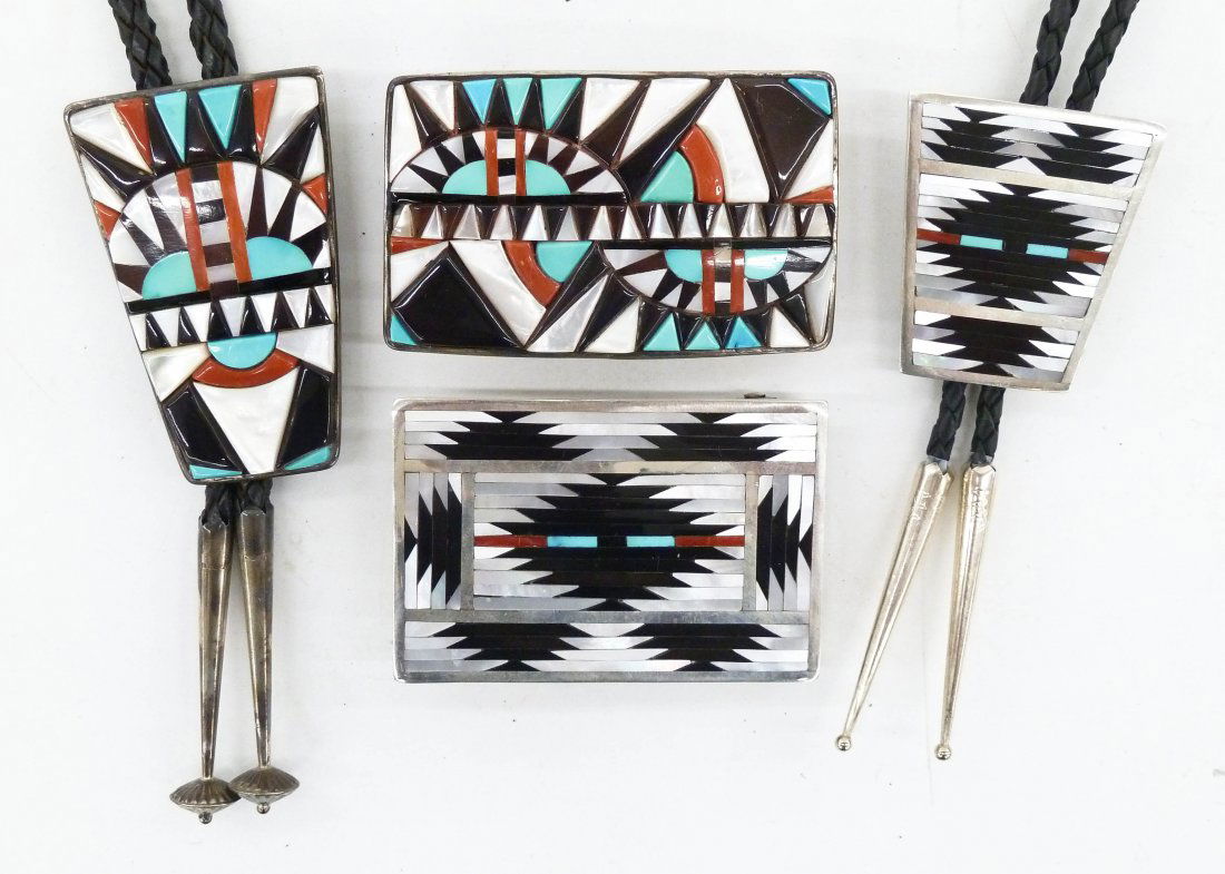 2 Pairs of Zuni Inlaid Silver Bolo Sets. Includes a (1 of 2)