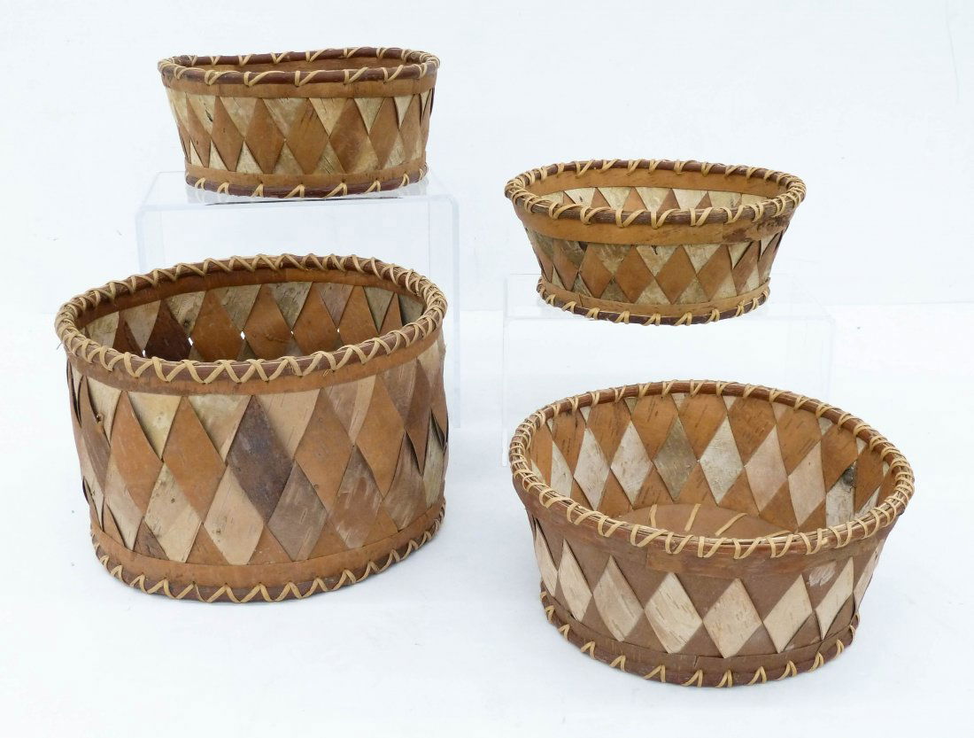 4pc Inupiaq Birch Bark Indian Baskets. Woven diamond (1 of 2)