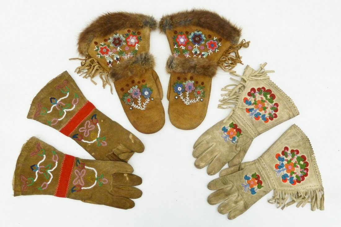 3 Pairs of Native Beaded Gauntlet Gloves. Includes an (1 of 2)