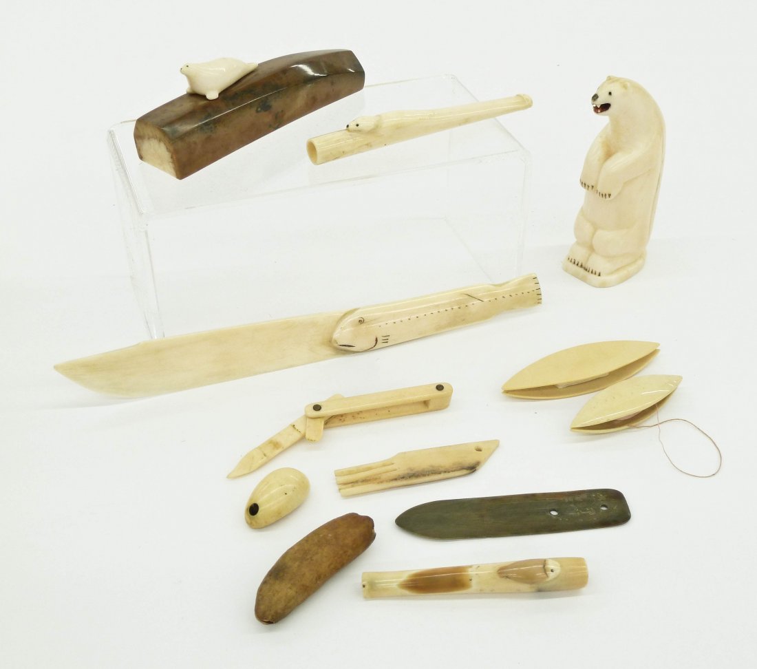 12pc Old Alaskan Ivory Implements. Includes various nat (1 of 3)