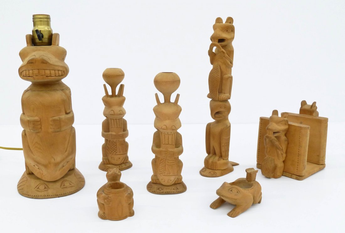 7pc NW Coast Style Cedar Carvings. All are totemic in f (1 of 4)
