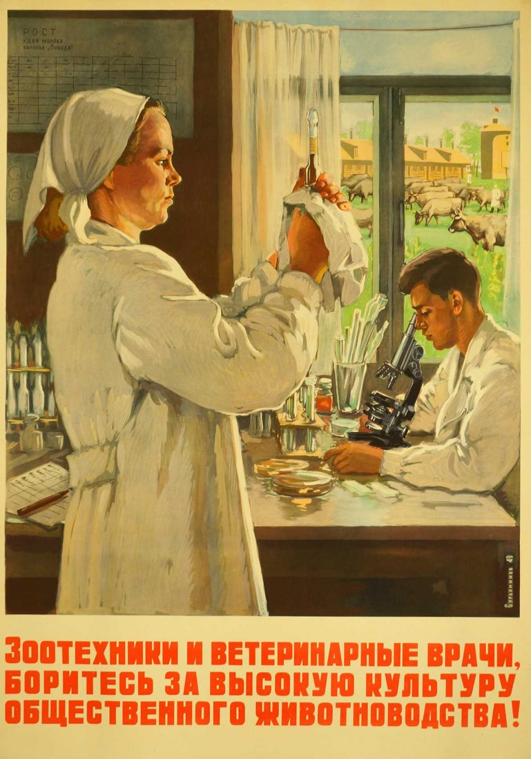 Suryaninov, V, [Livestock Doctors and Veterinarians: Suryaninov, V, [Livestock Doctors and Veterinarians Fight for the High Standards of Public Livestock] Soviet Original Propaganda Poster. Dated 1950. 32.75''x23.25'' Stored Rolled, Never Framed, Excell