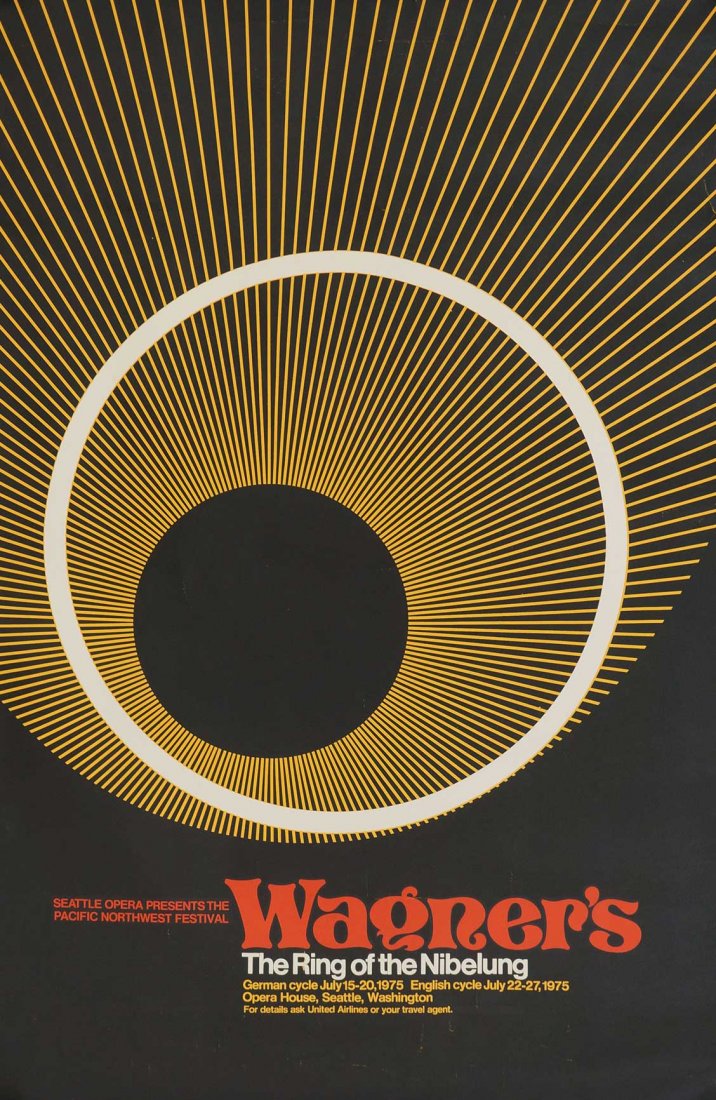 1975 Wagner's {The Ring of the Nibelung] Original Art: 1975 Wagner's {The Ring of the Nibelung] Original Art Poster, Unsigned. Seattle Opera House, Seattle, WA. Good to Very Good Condition, 36.25''x23.75''