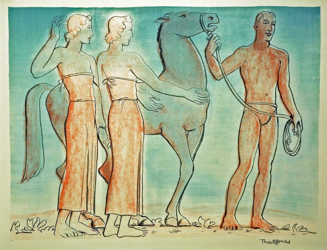 Thomas B Jones, 1937 WPA, AAA colored lithograph,: Thomas B Jones, 1937 WPA, AAA colored lithograph, unframed, 9x12, signed LR in colored pencil, excellent condition, taped at top corners, [Equestrian and Maidens]