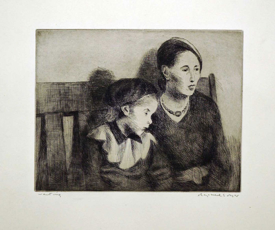 Raphael Soyer signed original AAA Lithograph [Waiting],: Raphael Soyer signed original AAA Lithograph [Waiting], loose, pencil signed LR unframed, excellent condition, taped at top corners only, retains AAA label, image 13 1/2x9 1/8