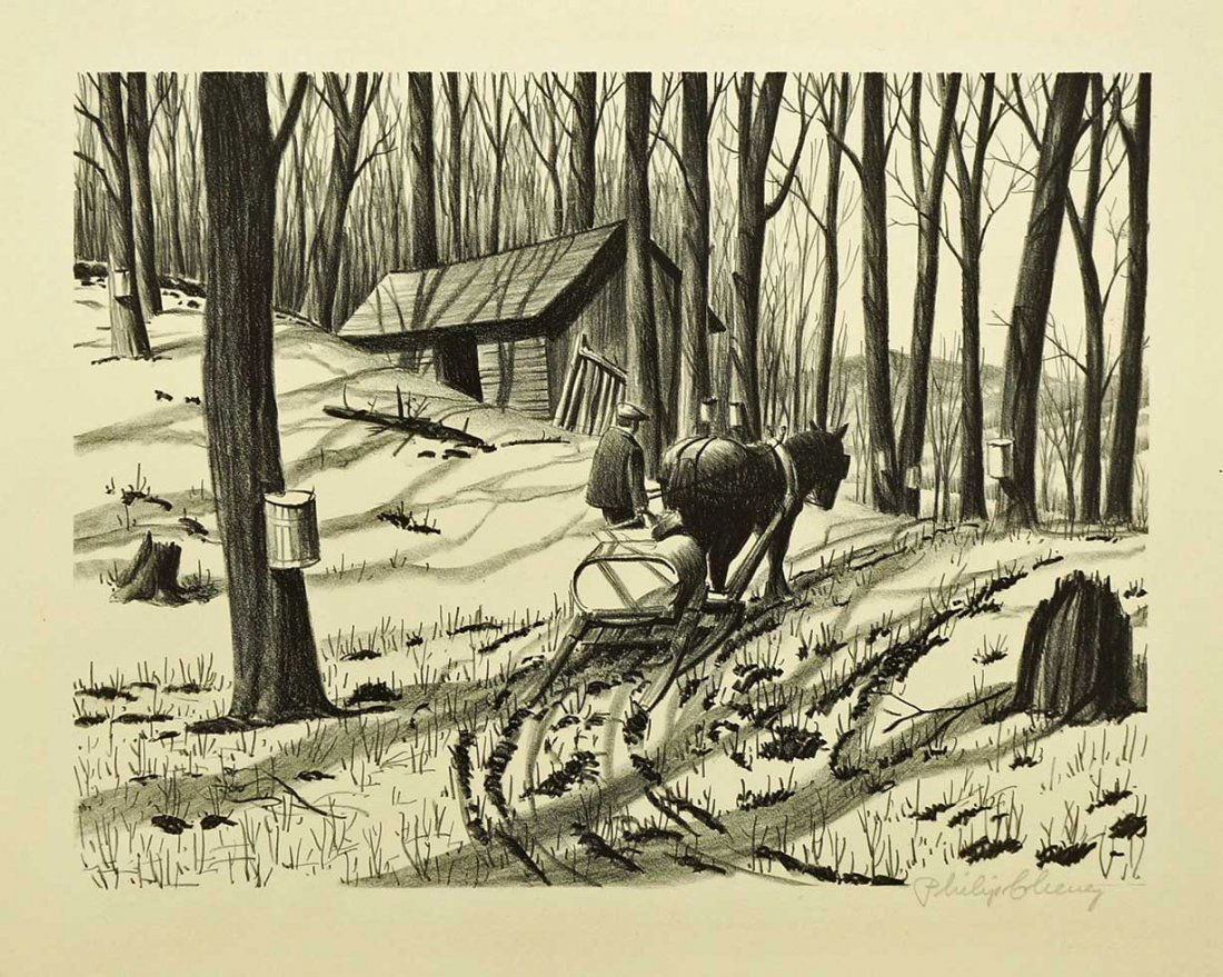 Philip Cheney signed original AAA Lithograph 1930's: Philip Cheney signed original AAA Lithograph 1930's [Bringing in the Sap], loose, pencil signed LR unframed, excellent to excellent+ condition, taped at top corners only, retains AAA label, image 9x12
