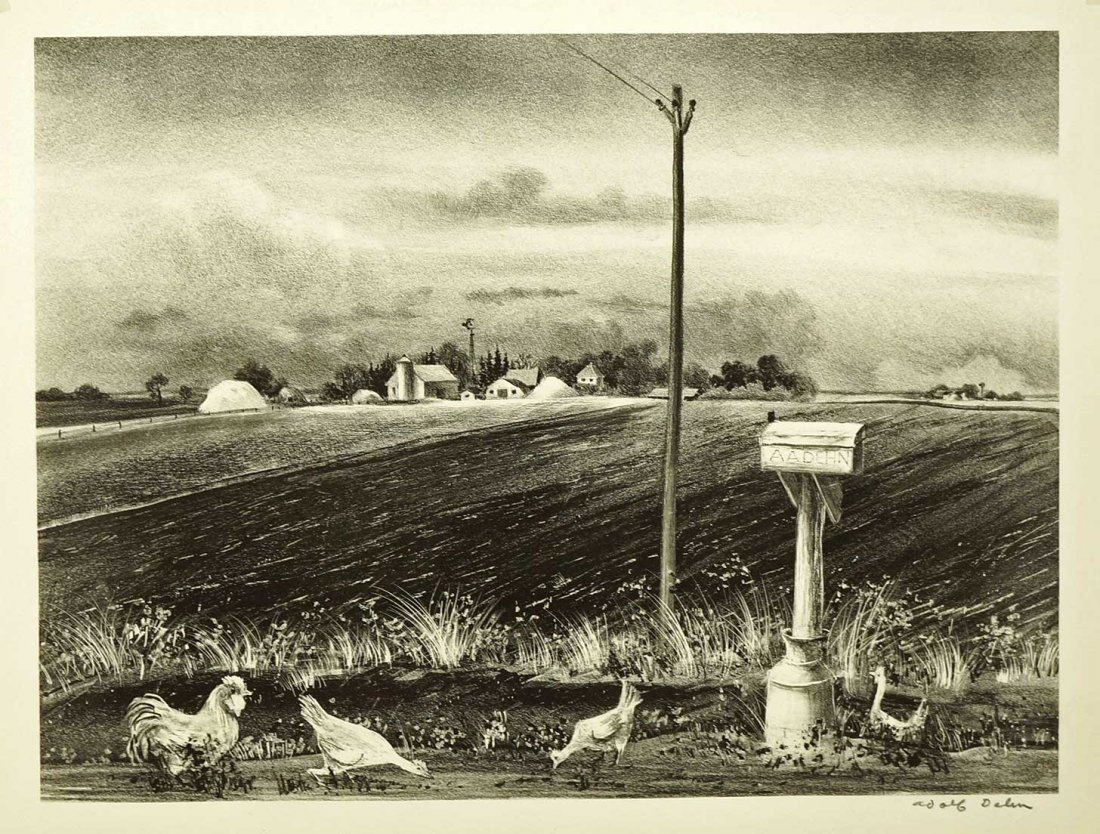 Adolf Dehn signed original AAA Lithograph [R. F. D.],: Adolf Dehn signed original AAA Lithograph [R. F. D.], 1930's, loose, pencil signed LR unframed, excellent to excellent+ condition, taped at top corners only, retains AAA label, image 10 1/8 x 13 7/8