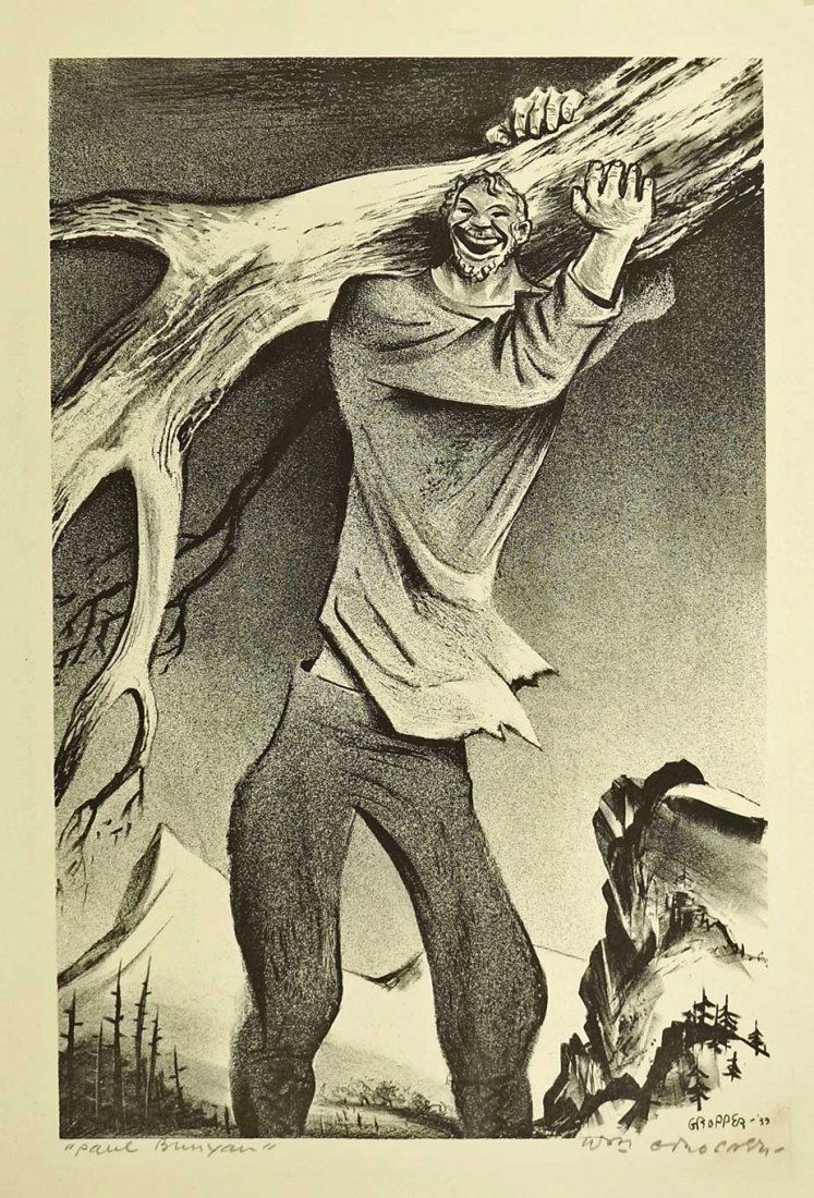 William Gropper signed original AAA Lithograph [Paul: William Gropper signed original AAA Lithograph [Paul Bunyan], 1930's, loose, pencil signed LR unframed, excellent to excellent+ condition, taped at top corners only, retains AAA label, image 13.5 x 9