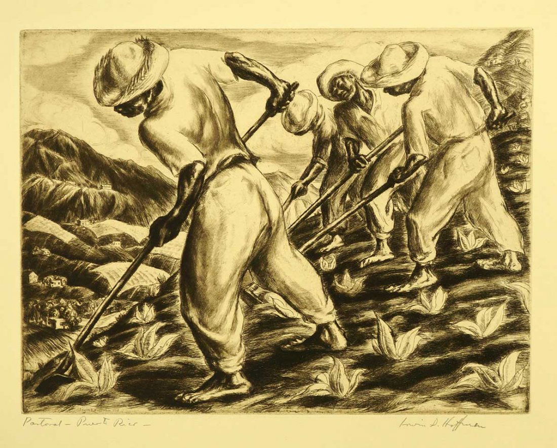 Irwin Hoffman Signed Original AAA Etching: Irwin Hoffman Signed Original AAA Etching [Pastoral-Puerto Rico]. Titled and signed in pencil, unframed, loose, Ex/Ex+ condition, taped at top corners only. 9'' x 12'', retains original AAA label.