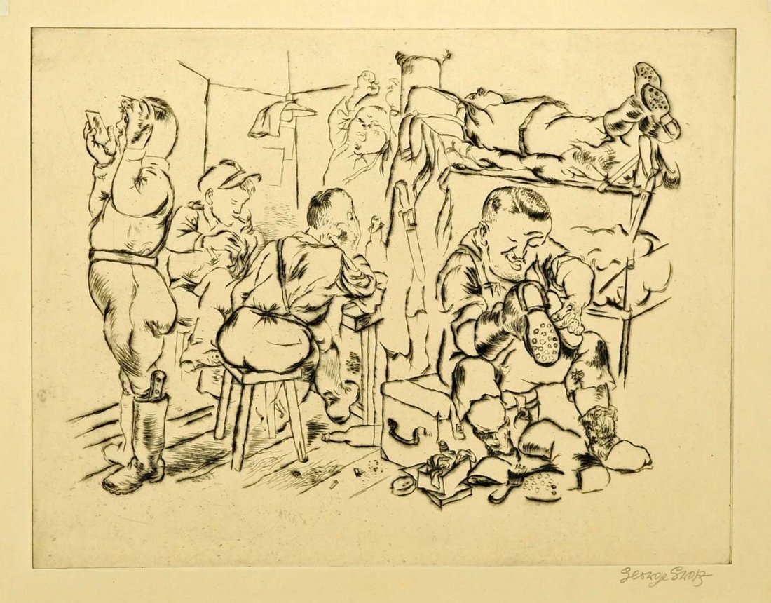 George Grosz Signed Original AAA Etching [The End of a: George Grosz Signed Original AAA Etching [The End of a Perfect Day]. Unframed, loose, Ex/Ex+ condition, taped at top corners only. 9 7/8'' x 12 7/8'', pencil signed LR. Original AAA label.