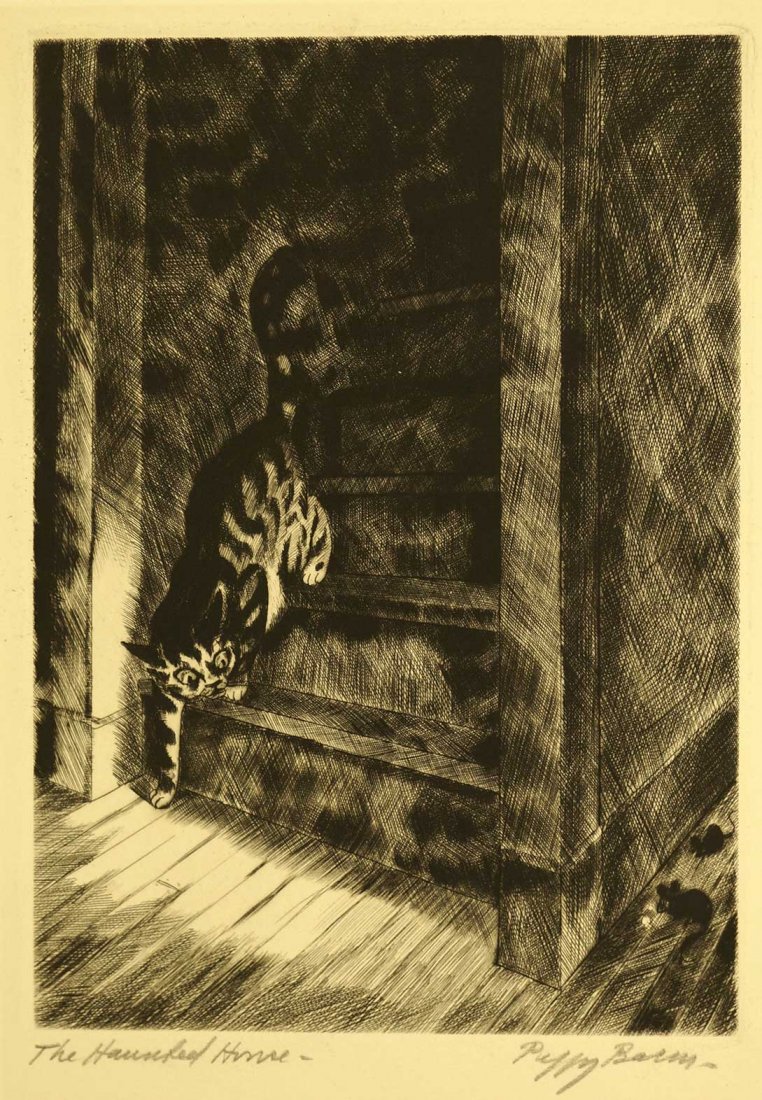 Peggy Bacon Signed Original AAA Etching [Haunted: Peggy Bacon Signed Original AAA Etching [Haunted House]. Unframed, loose, very good ondition, image has slight foxing, folio cover has some glue or tape residue, taped at corners only. 6 7/8'' x 4 7/8